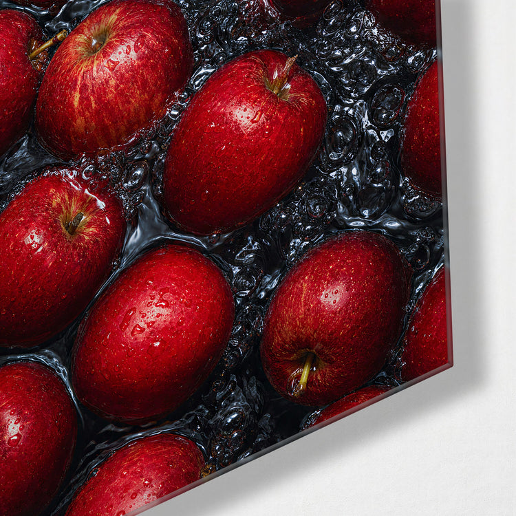 Red Apple Pile glass wall art, corner view