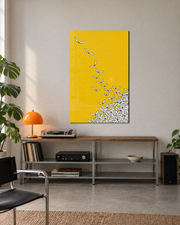 Origami Migration glass wall art, lifestyle view