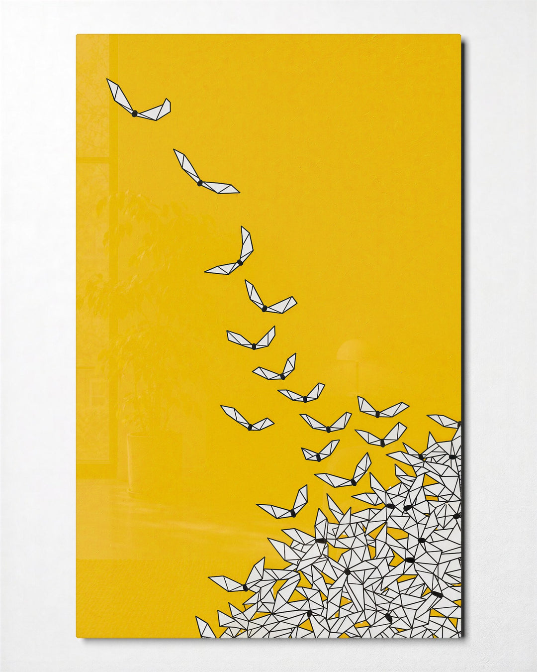 Origami Migration glass wall art, front view
