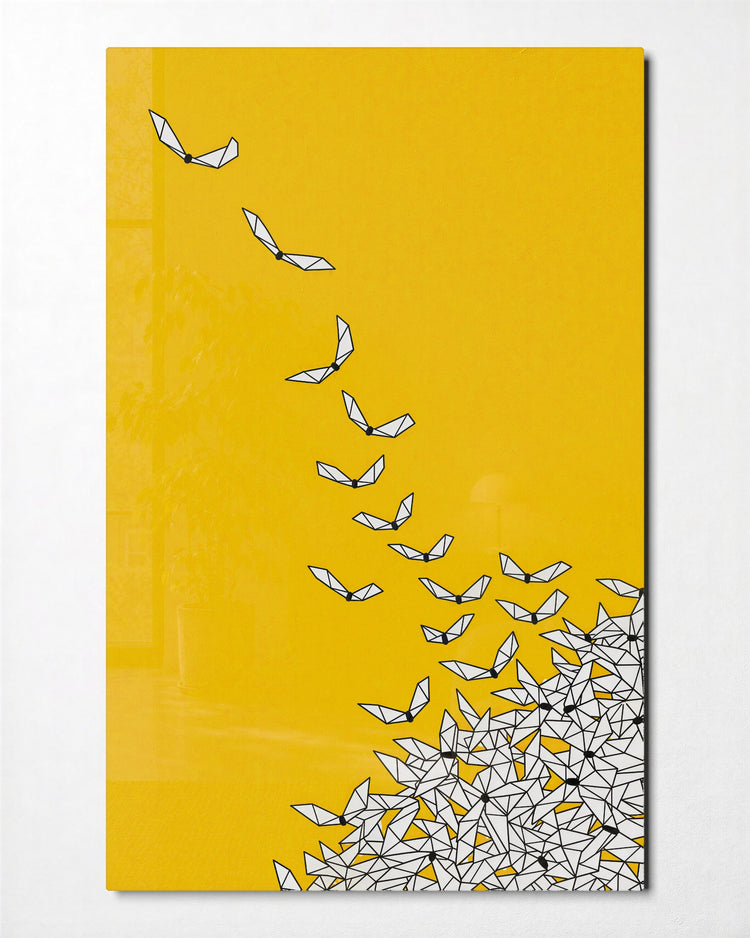 Origami Migration glass wall art, front view