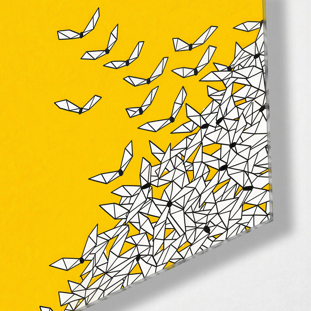 Origami Migration glass wall art, corner view
