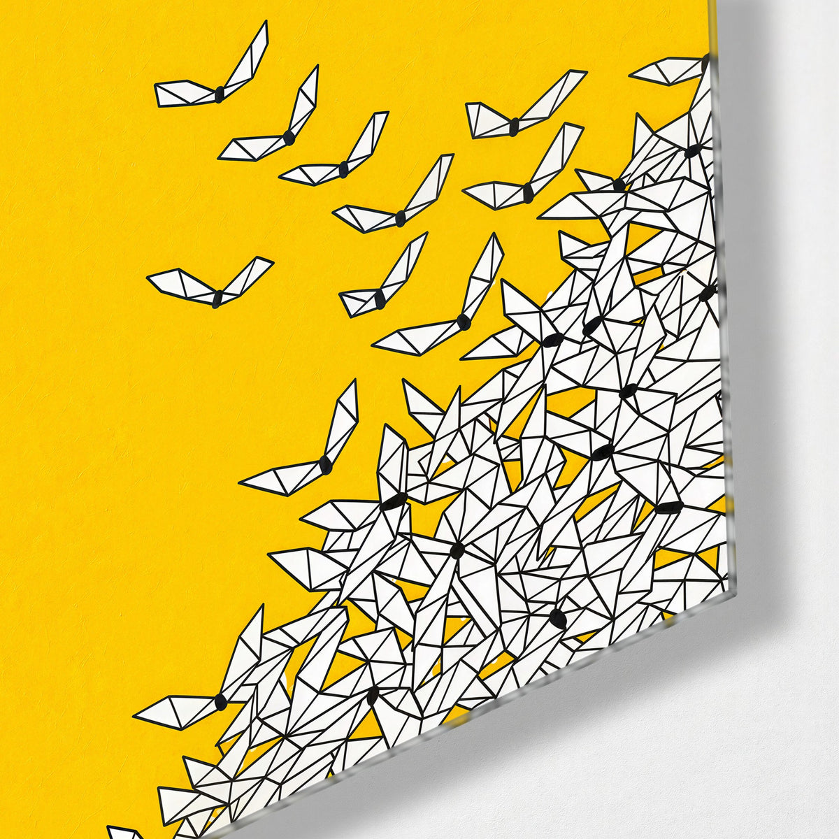 Origami Migration glass wall art, corner view