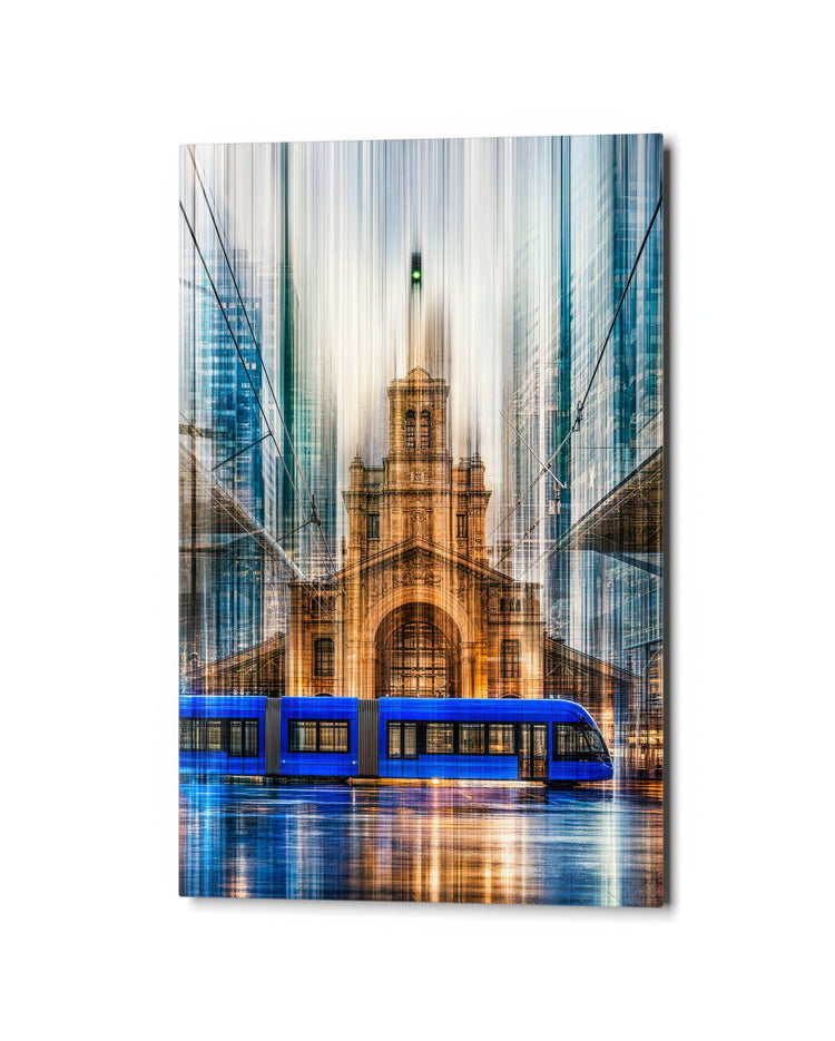 Tram Past the Steeple glass wall art, studio view