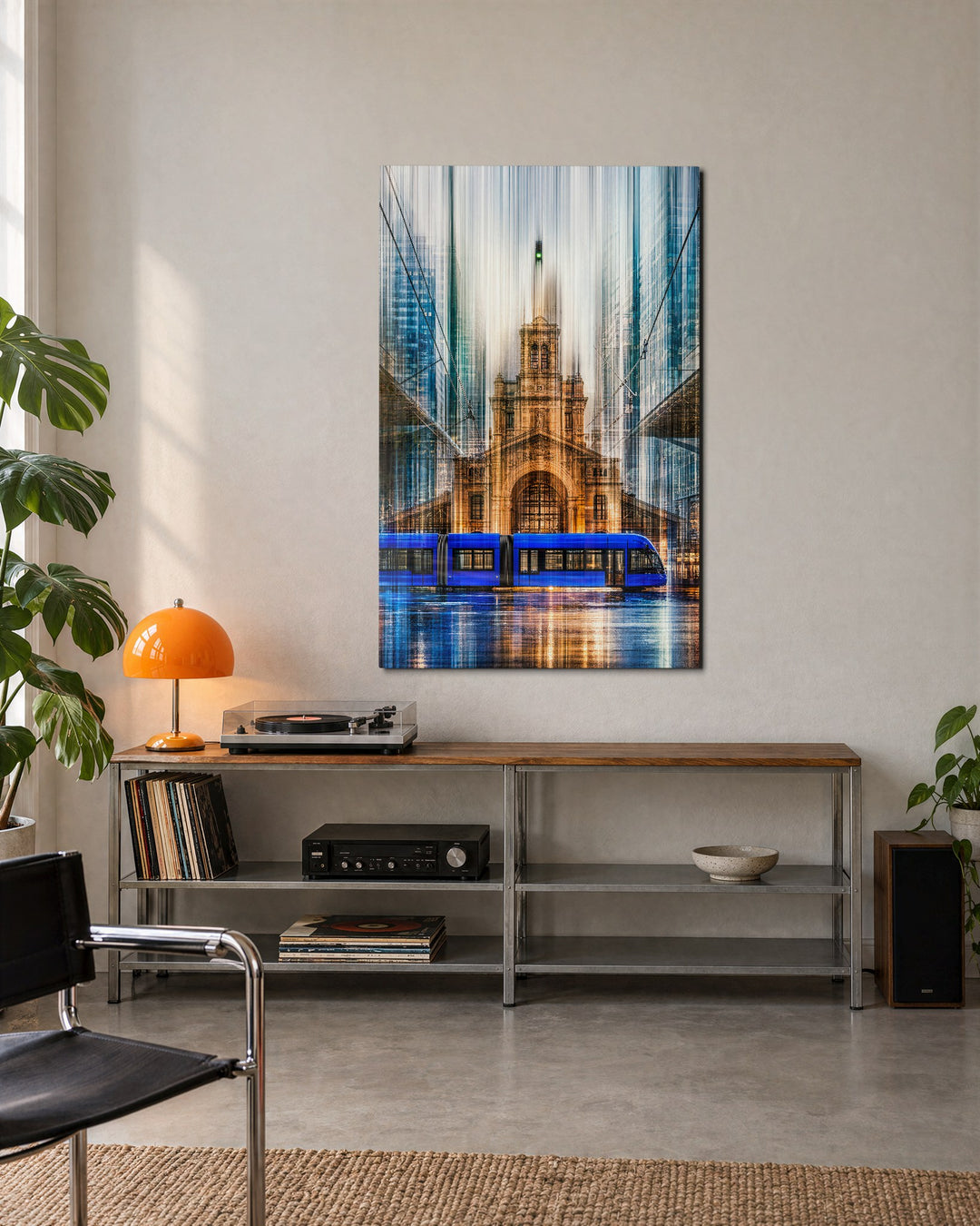 Tram Past the Steeple glass wall art, lifestyle view