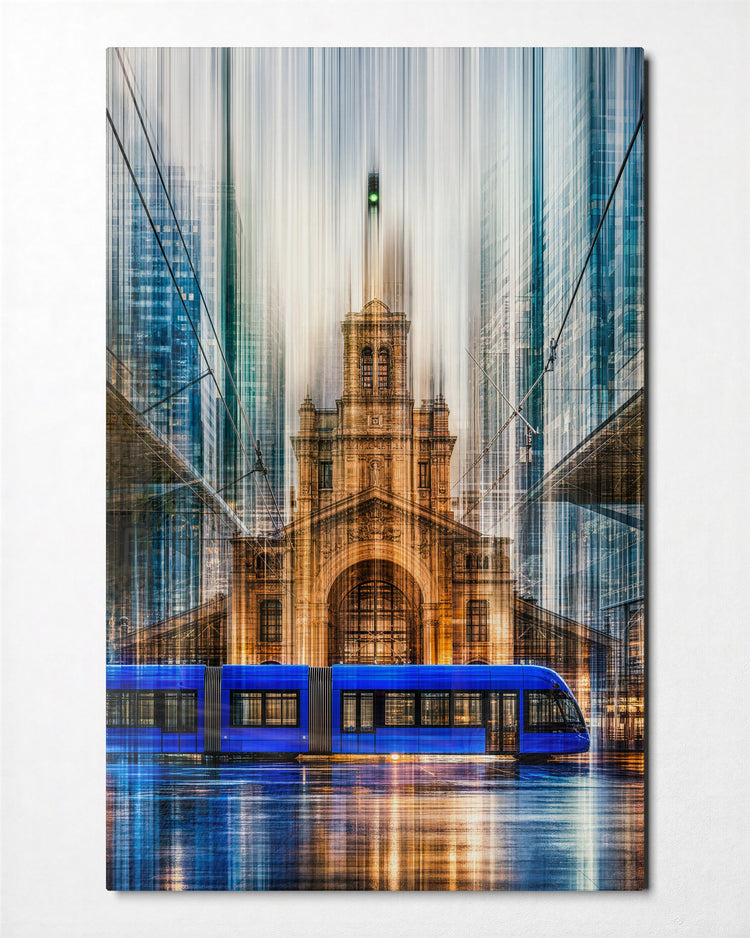 Tram Past the Steeple glass wall art, front view