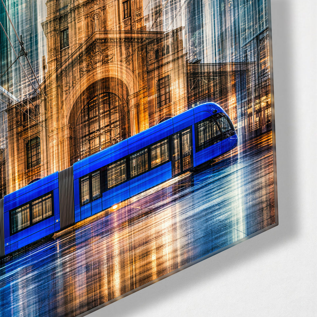 Tram Past the Steeple glass wall art, corner view