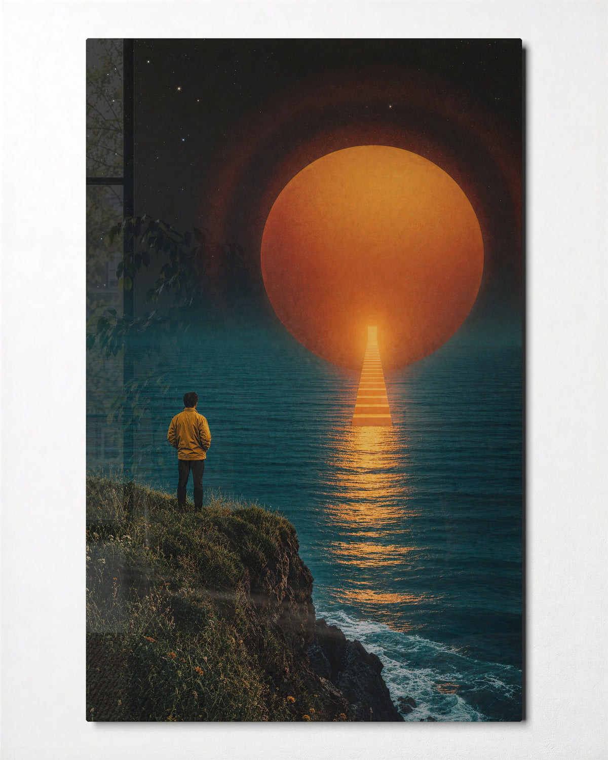 Stairway to the Orb glass wall art, front view
