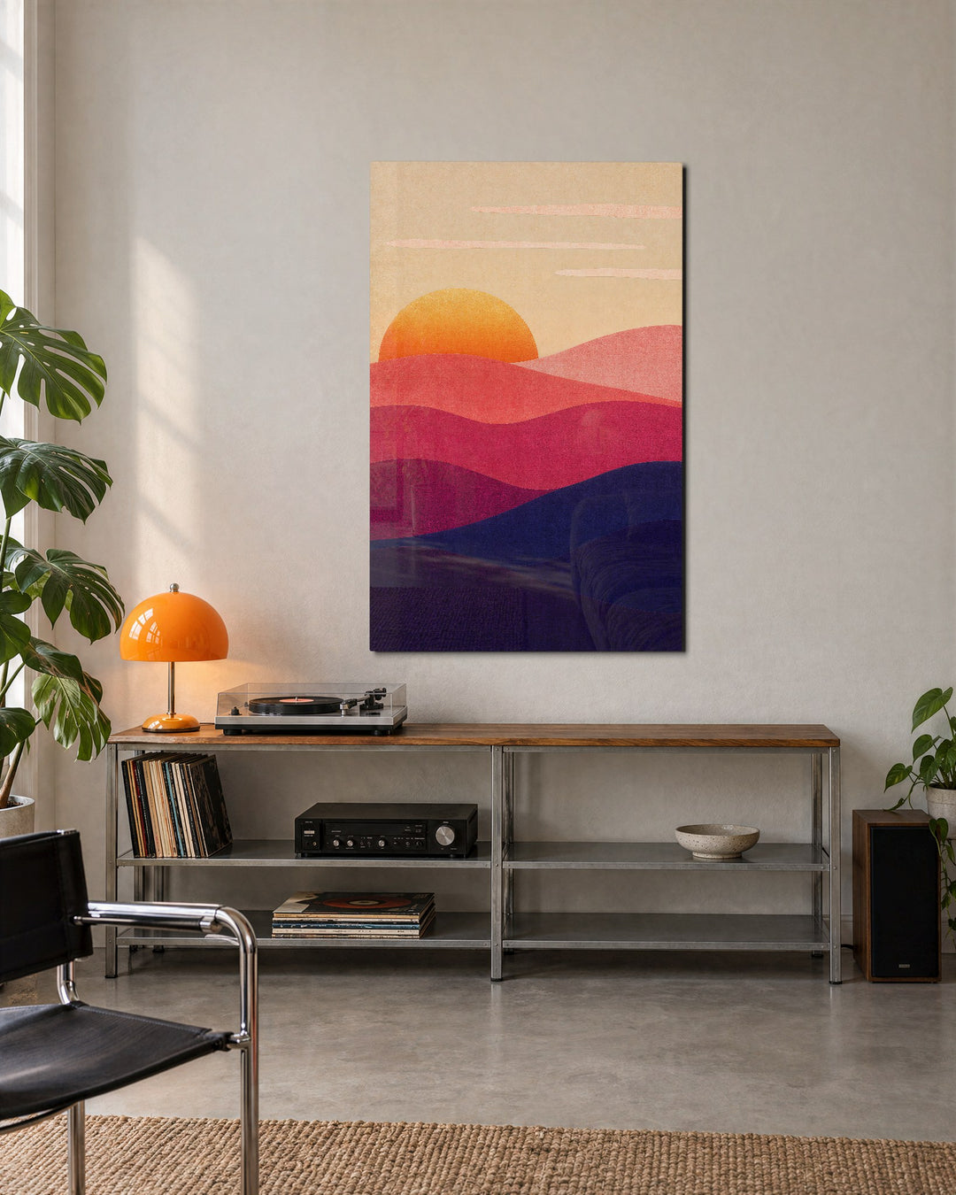 Pink Hills, Orange Orb glass wall art, lifestyle view