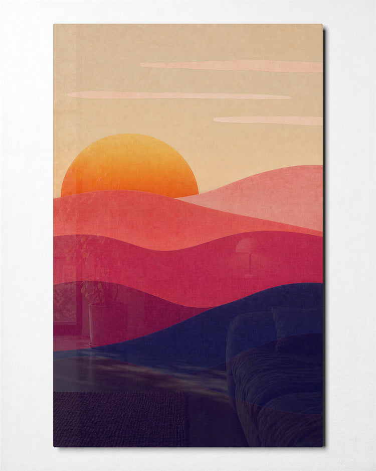 Pink Hills, Orange Orb glass wall art, front view