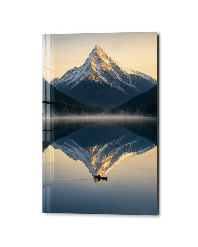 Peak in Still Water glass wall art, studio view