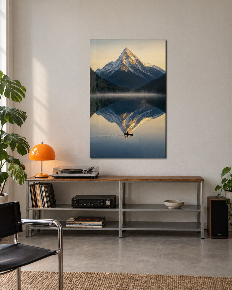 Peak in Still Water glass wall art, lifestyle view