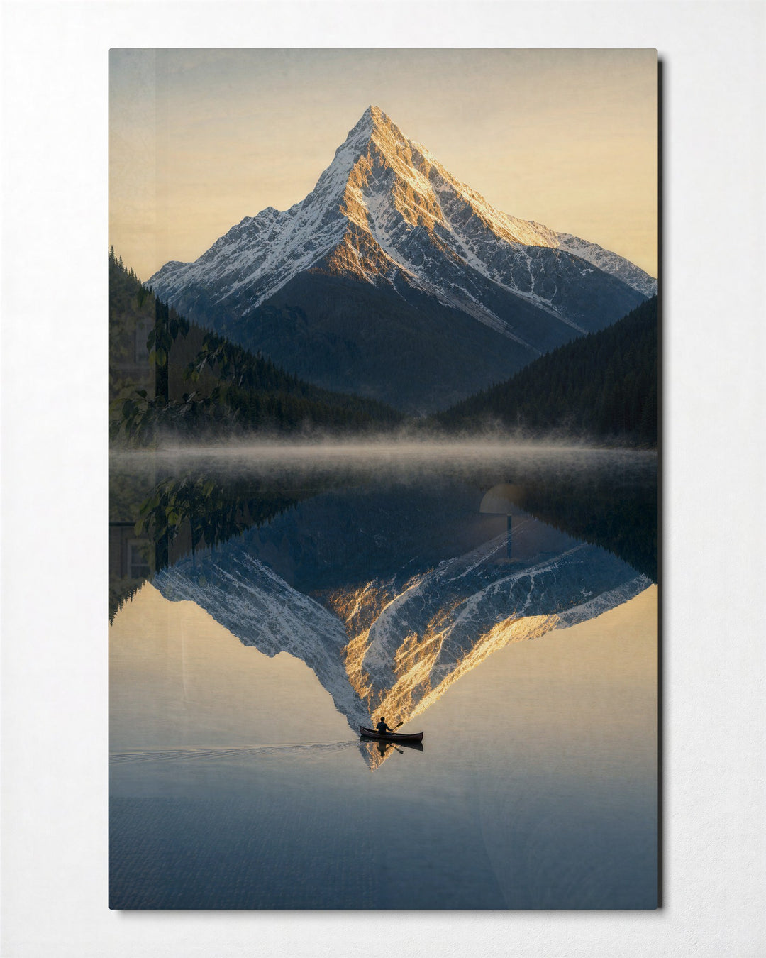 Peak in Still Water glass wall art, front view