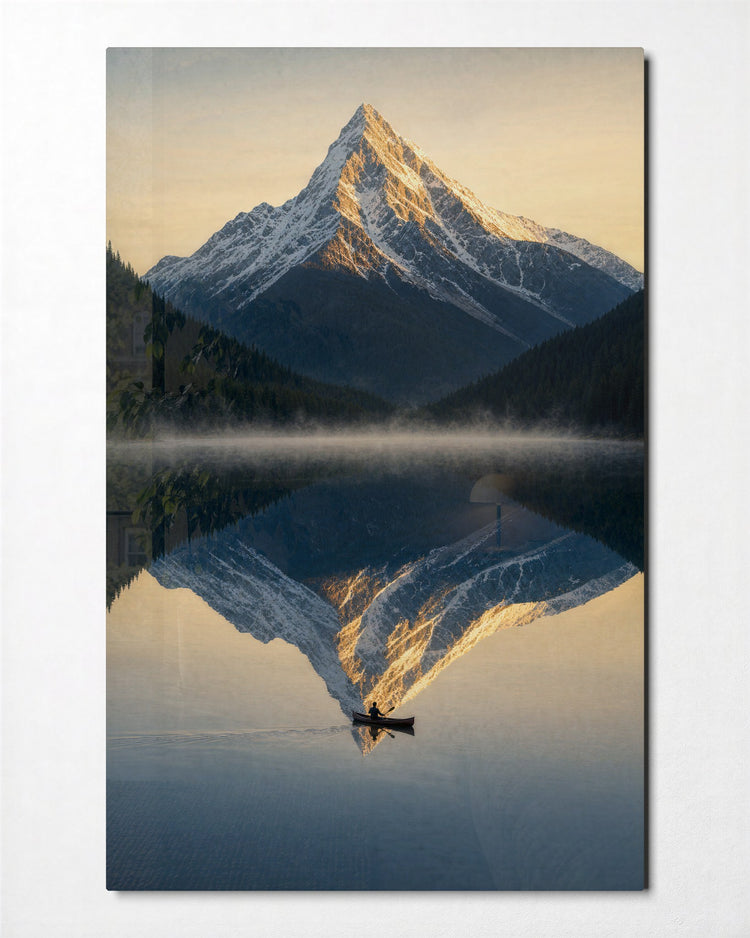 Peak in Still Water glass wall art, front view