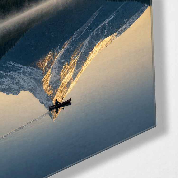 Peak in Still Water glass wall art, corner view