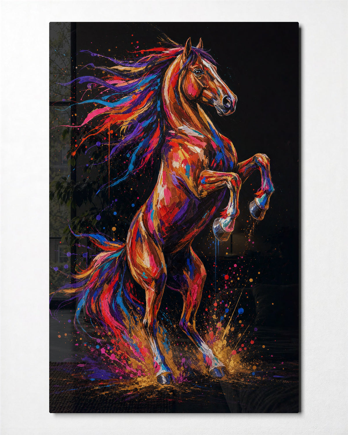 Rearing in Pigment glass wall art, front view