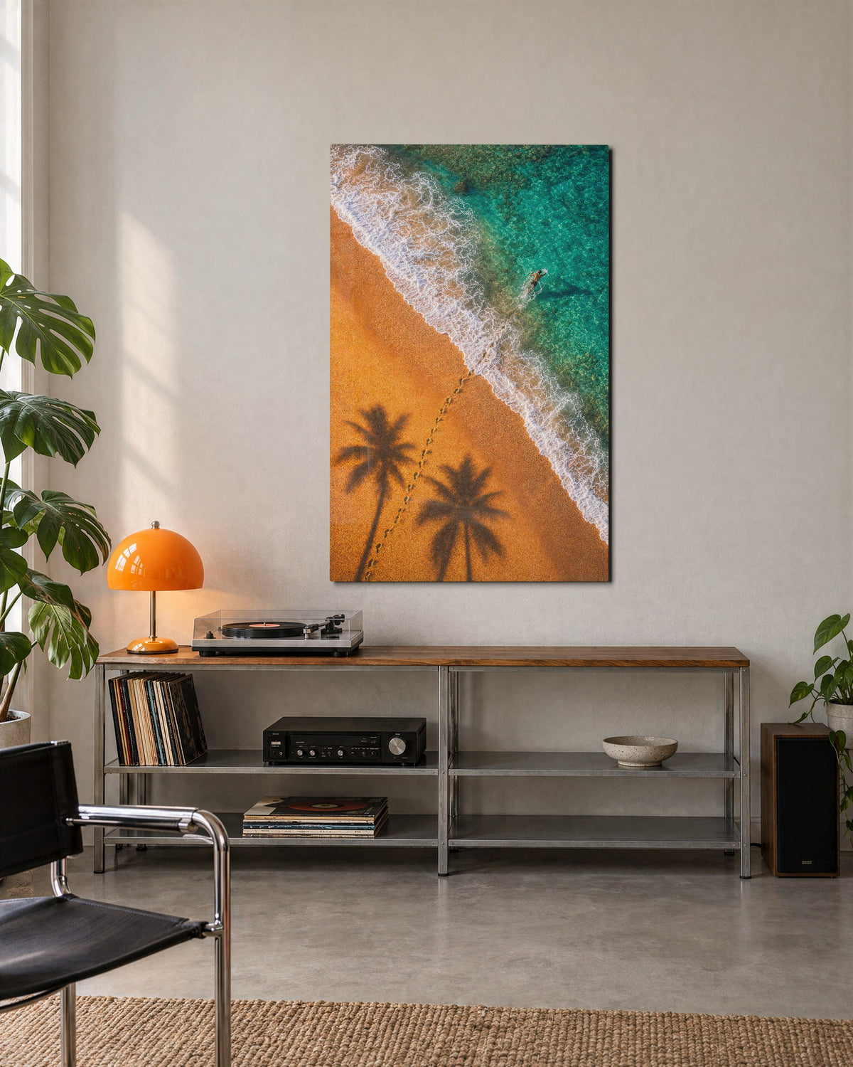 Tracks to the Tide glass wall art, lifestyle view