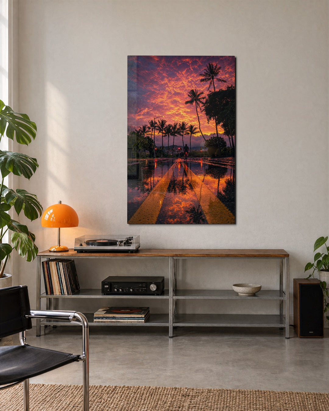 Wet Road, Pink Sky glass wall art, lifestyle view
