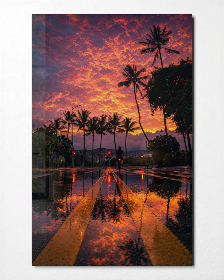 Wet Road, Pink Sky glass wall art, front view