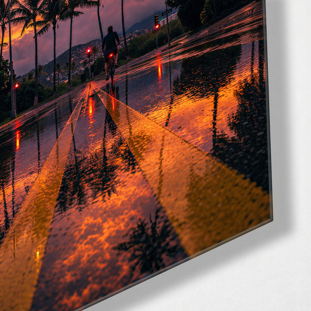 Wet Road, Pink Sky glass wall art, corner view