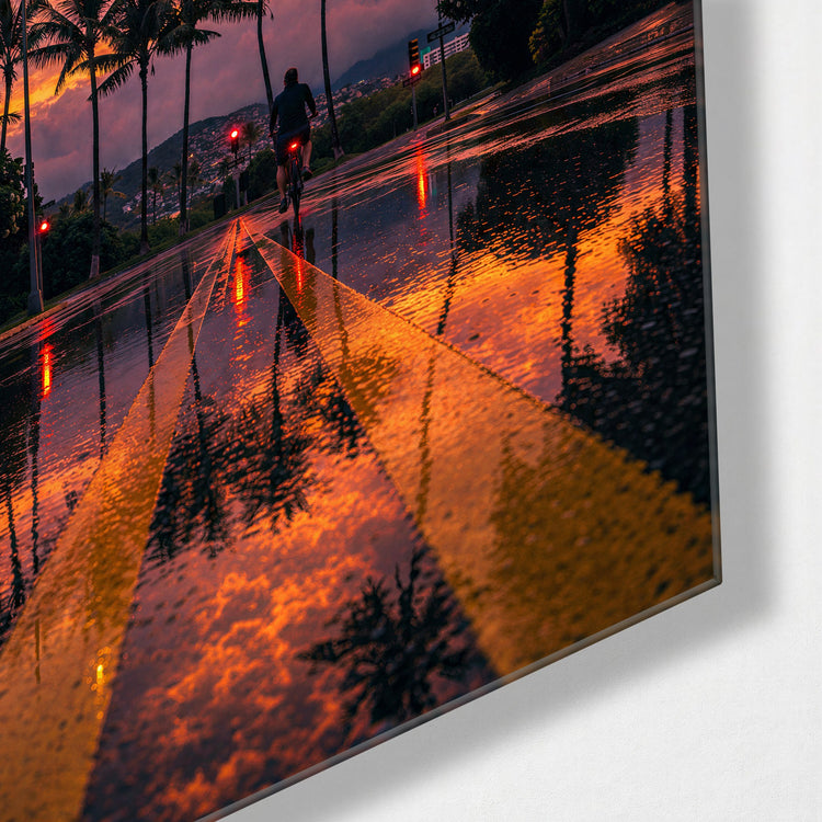 Wet Road, Pink Sky glass wall art, corner view