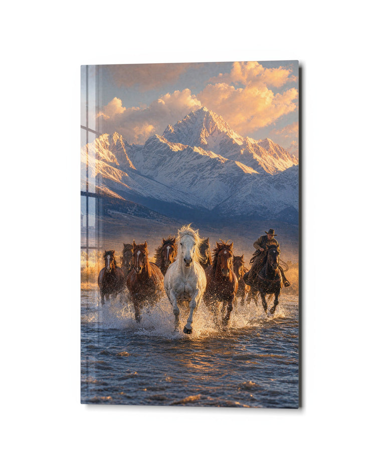 Stampede in the Shallows glass wall art, studio view
