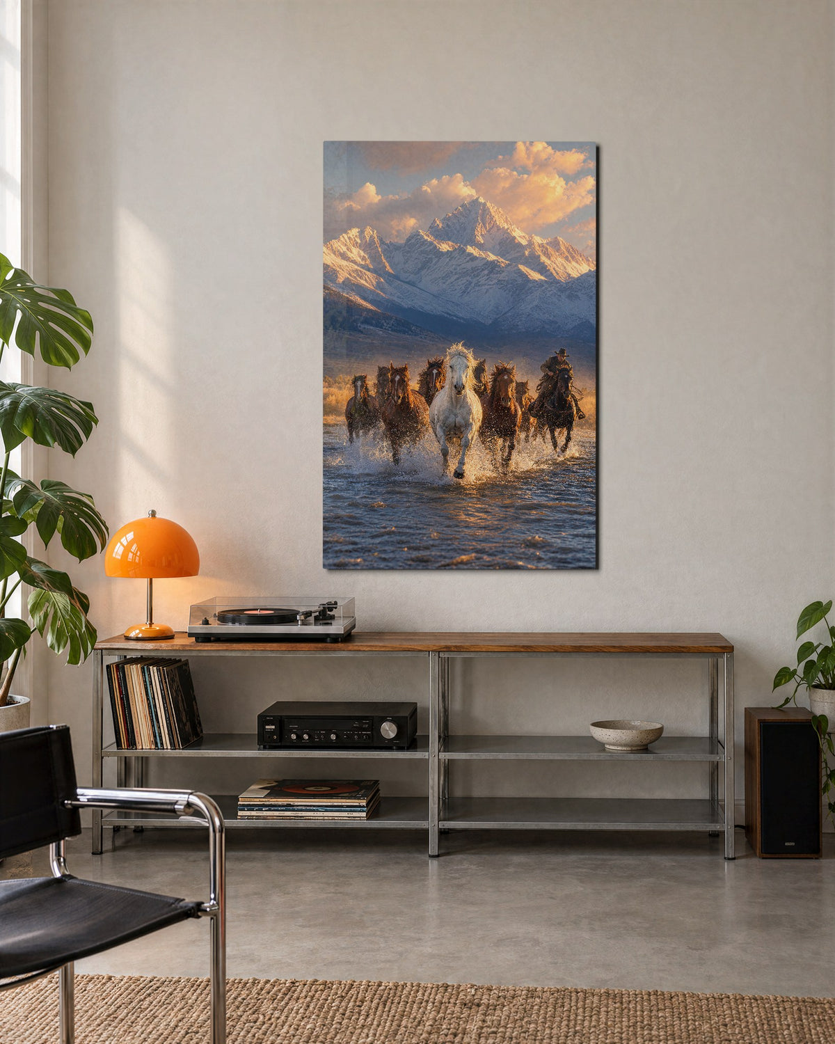 Stampede in the Shallows glass wall art, lifestyle view