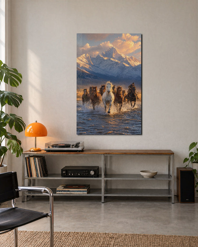 Stampede in the Shallows glass wall art, lifestyle view