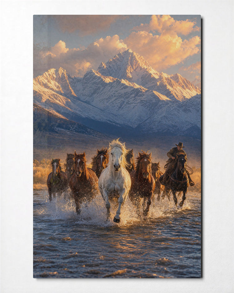 Stampede in the Shallows glass wall art, front view