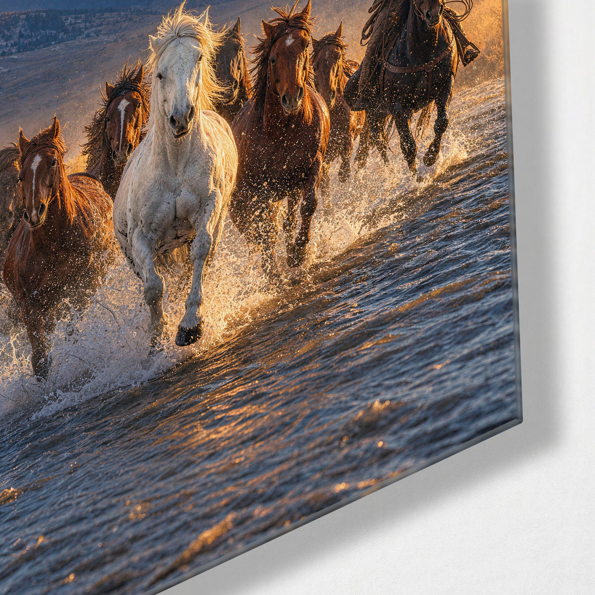 Stampede in the Shallows glass wall art, corner view