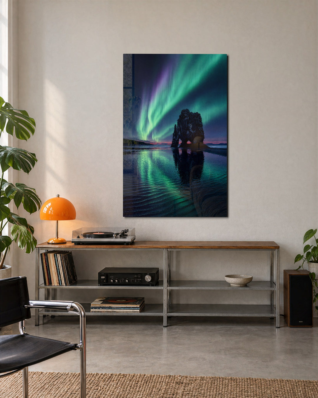 Rock Gate Aurora glass wall art, lifestyle view