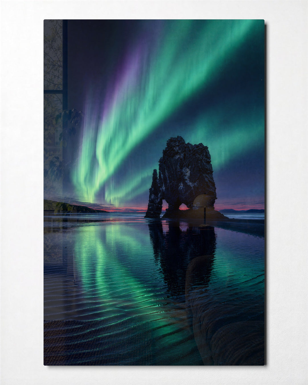 Rock Gate Aurora glass wall art, front view