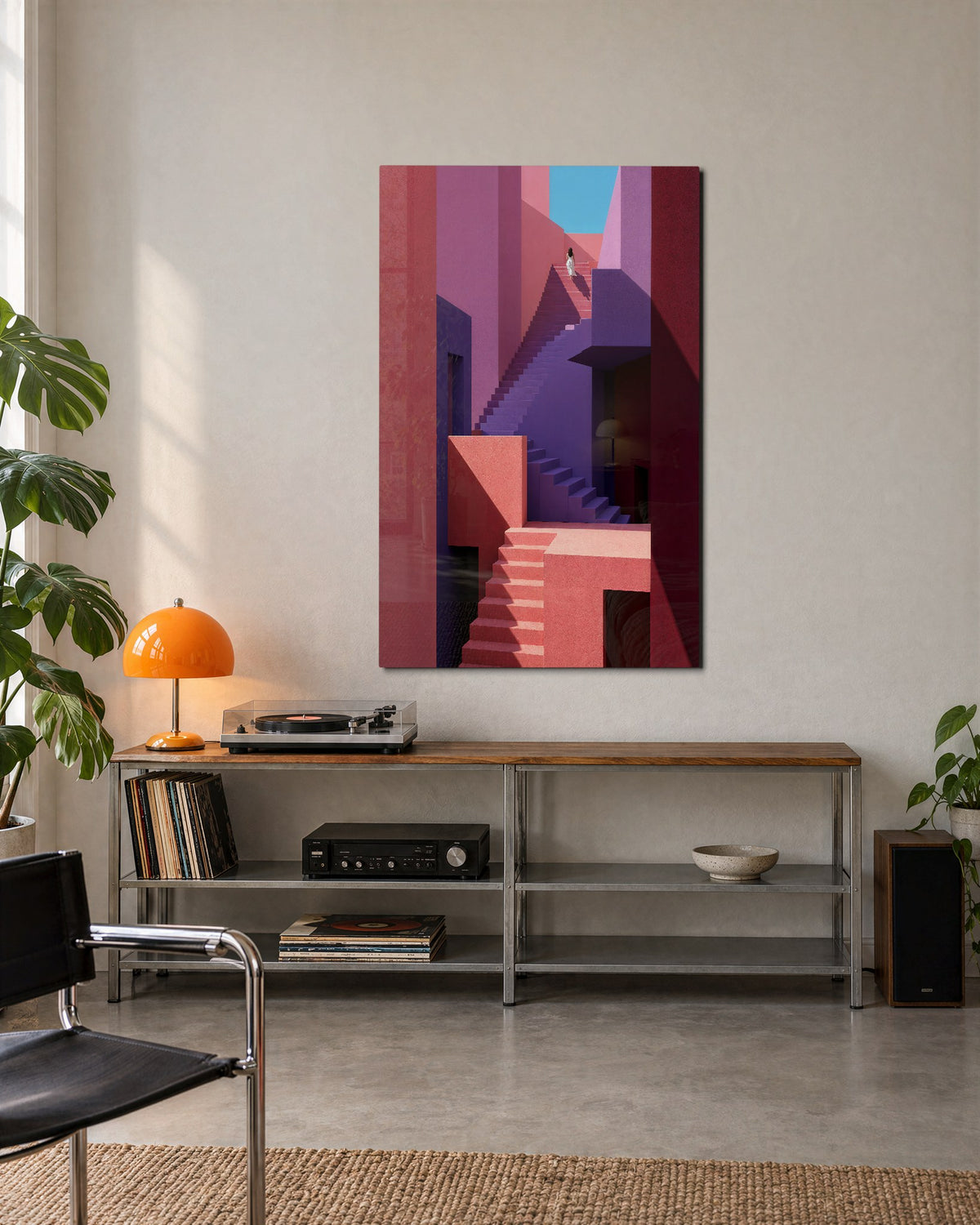 Rose Stairwell glass wall art, lifestyle view
