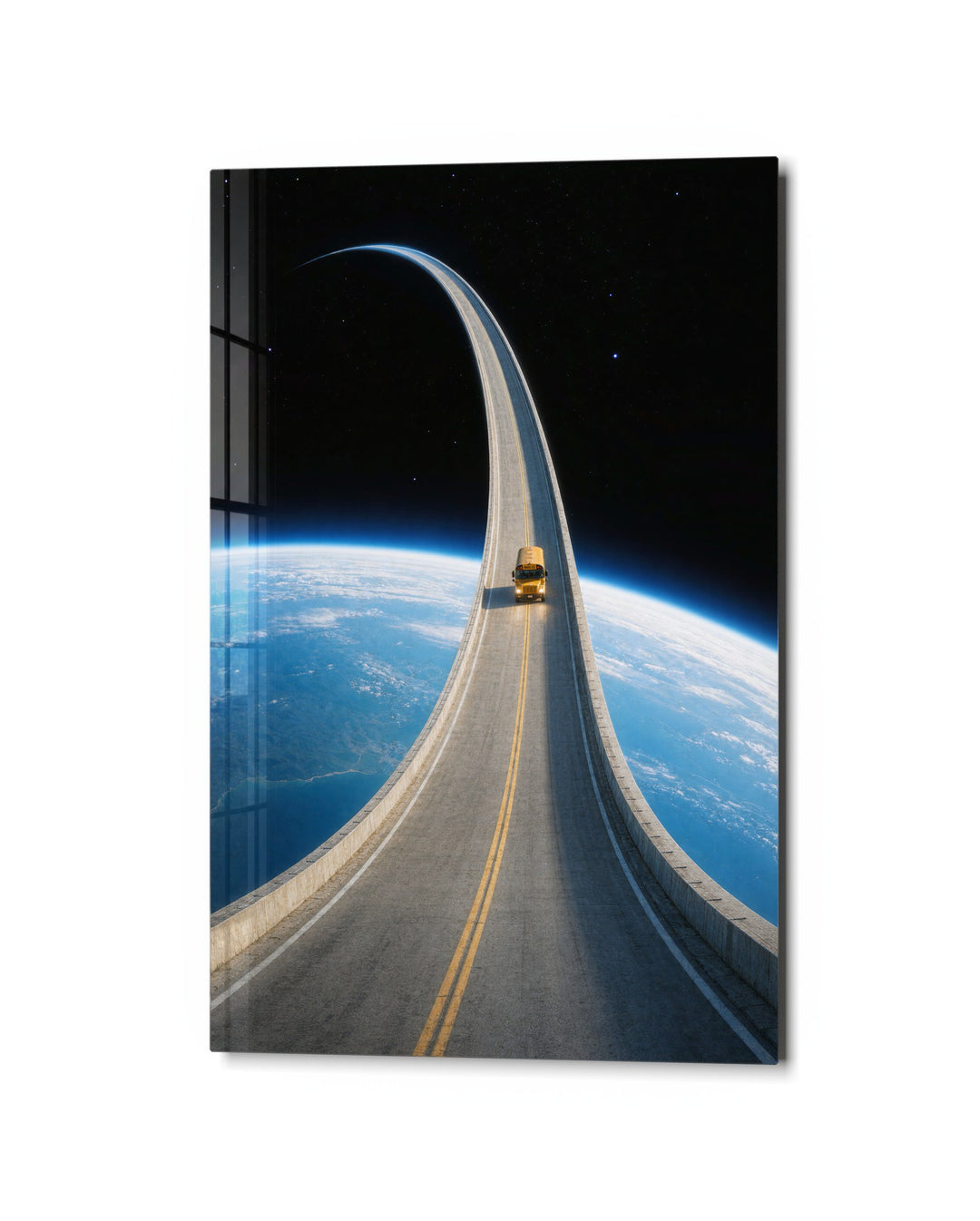 Little Truck, Big Orbit glass wall art, studio view