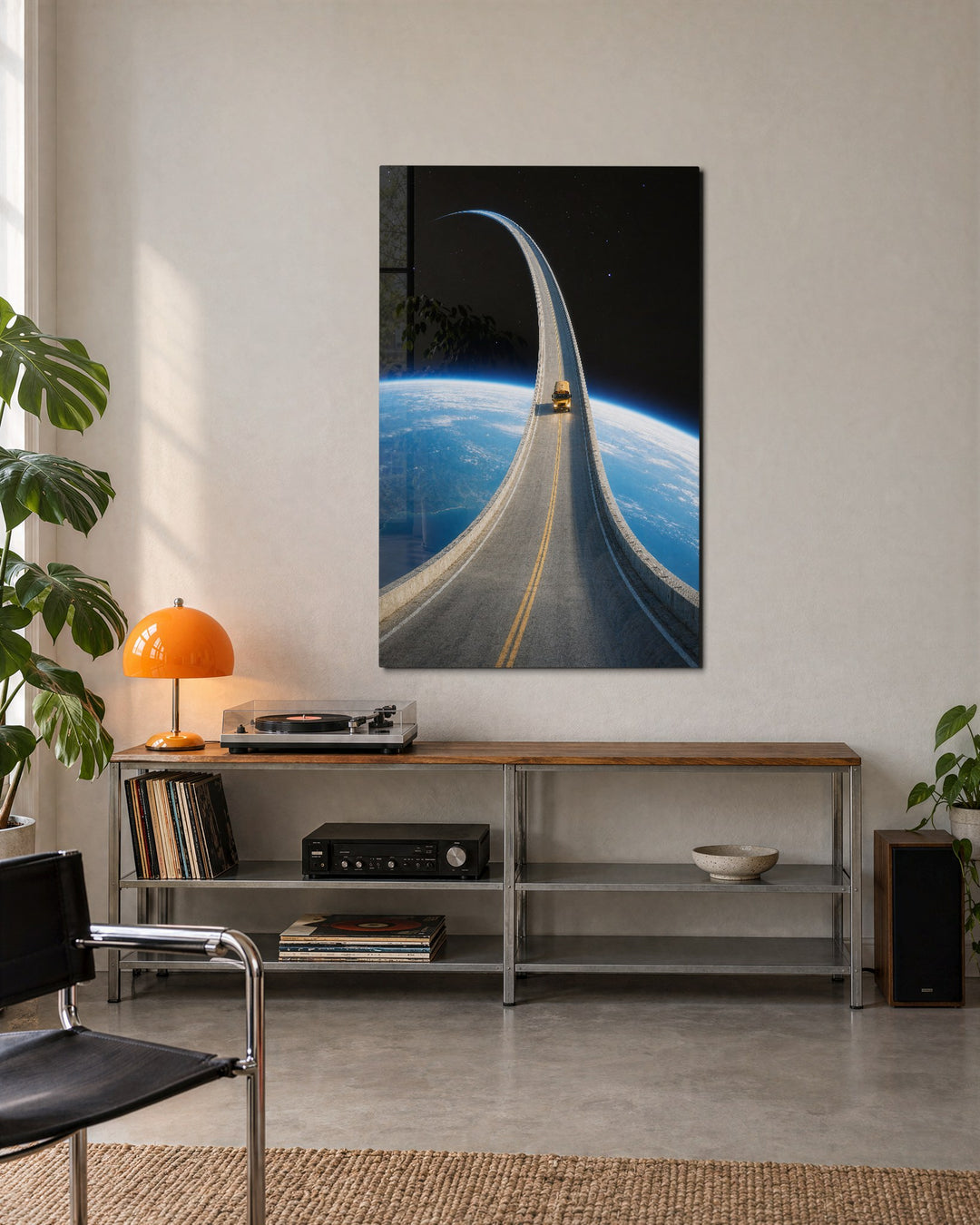Little Truck, Big Orbit glass wall art, lifestyle view