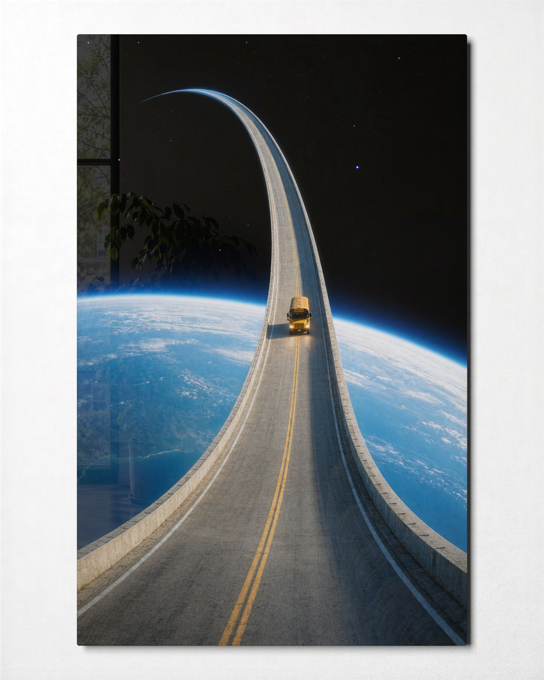 Little Truck, Big Orbit glass wall art, front view