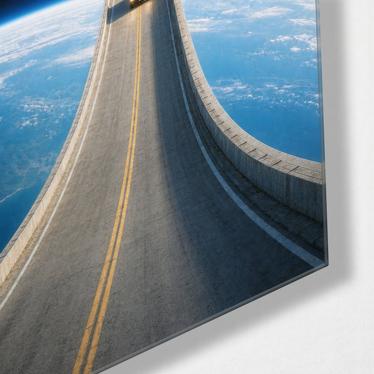 Little Truck, Big Orbit glass wall art, corner view