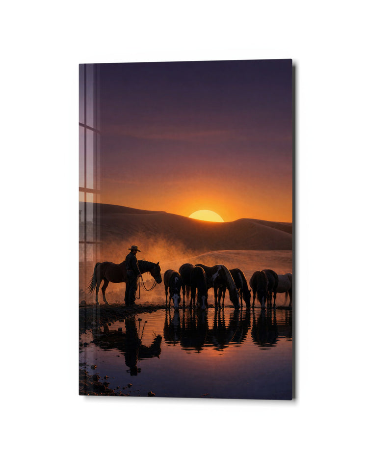 Herd Waits for Dusk glass wall art, studio view