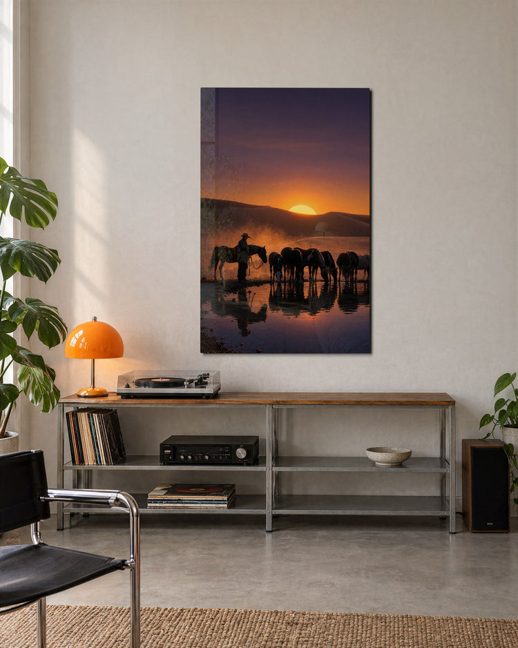 Herd Waits for Dusk glass wall art, lifestyle view