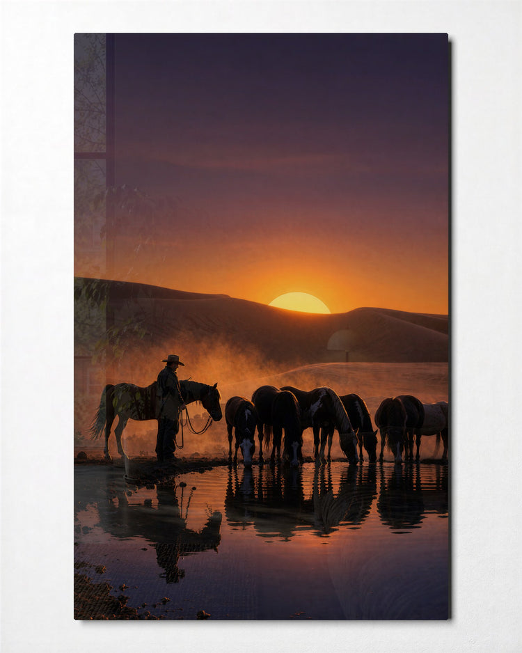 Herd Waits for Dusk glass wall art, front view
