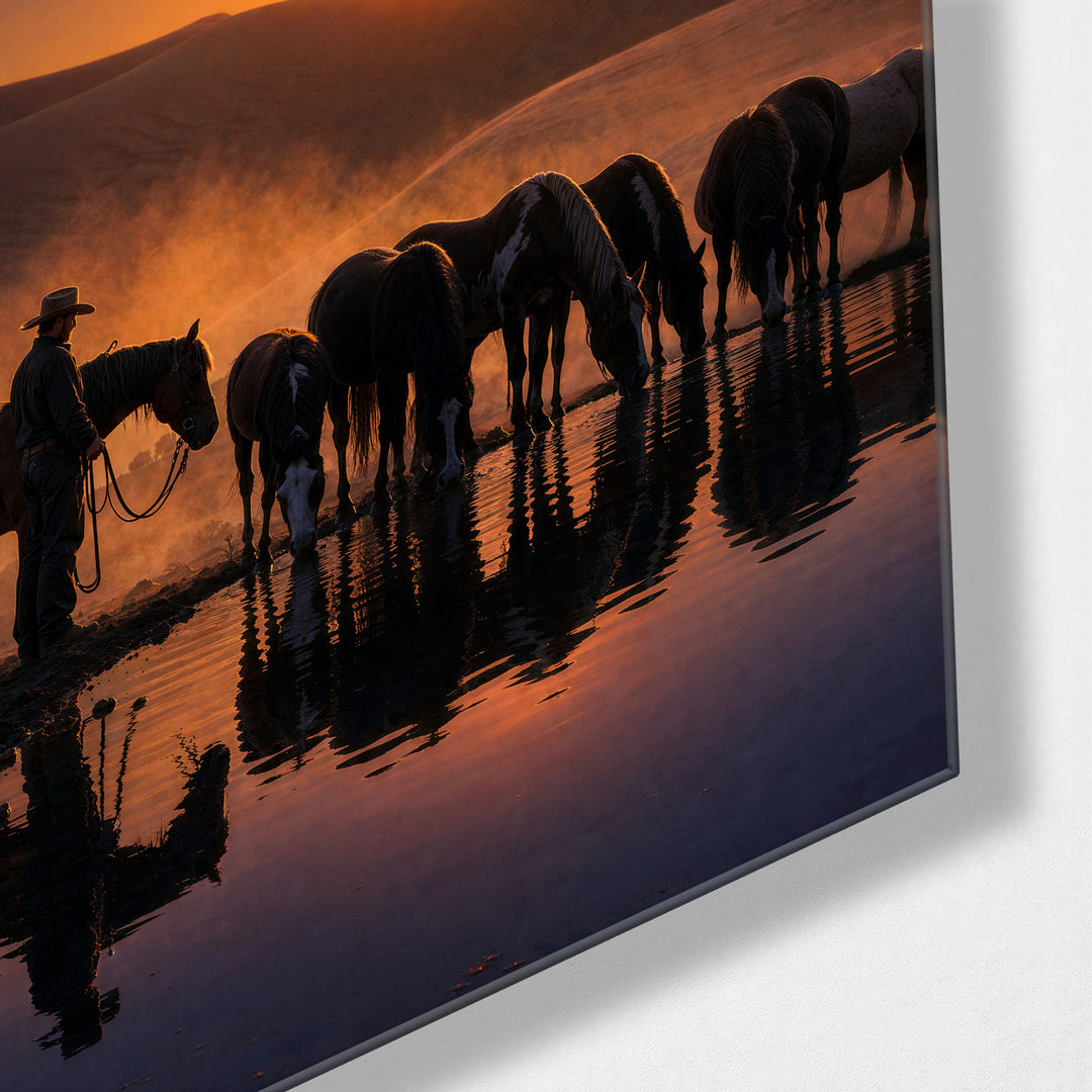 Herd Waits for Dusk glass wall art, corner view