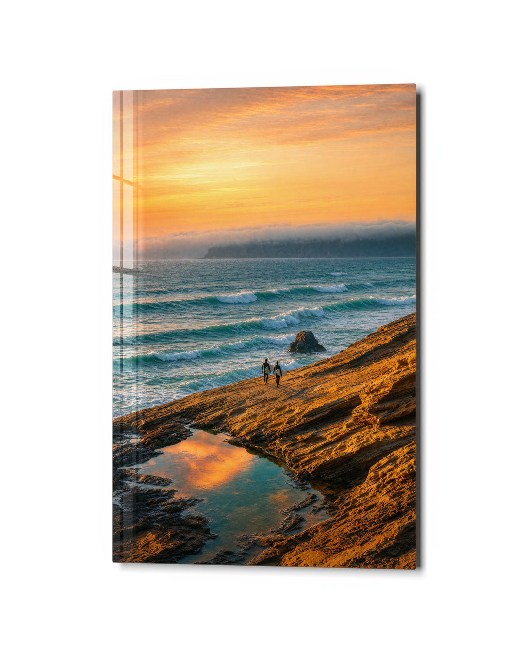 Beachcombers at Dusk glass wall art, studio view