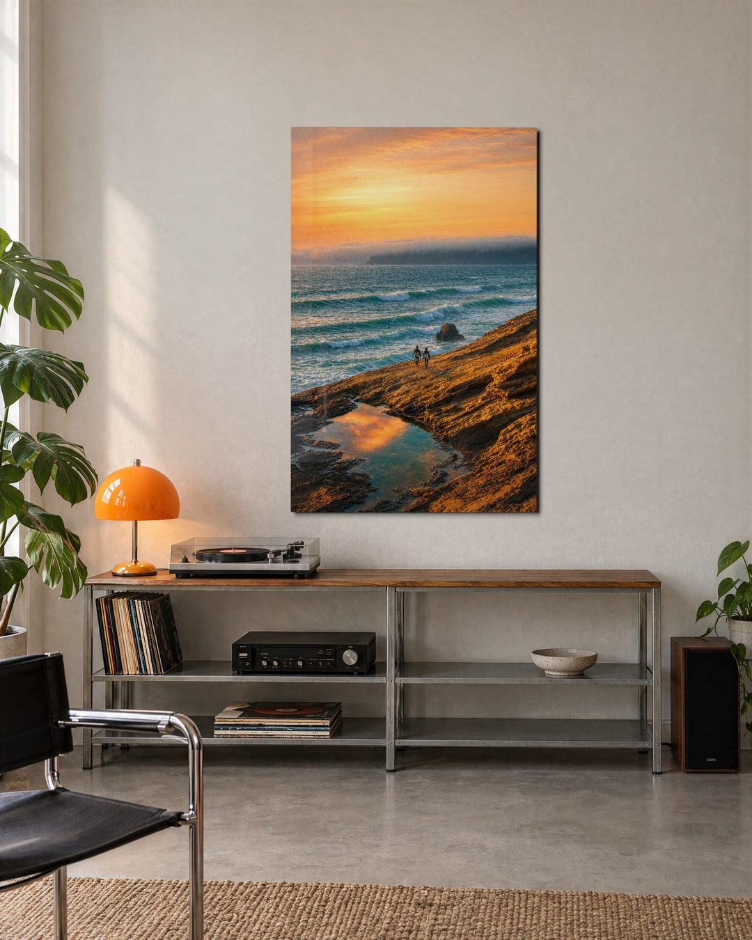 Beachcombers at Dusk glass wall art, lifestyle view