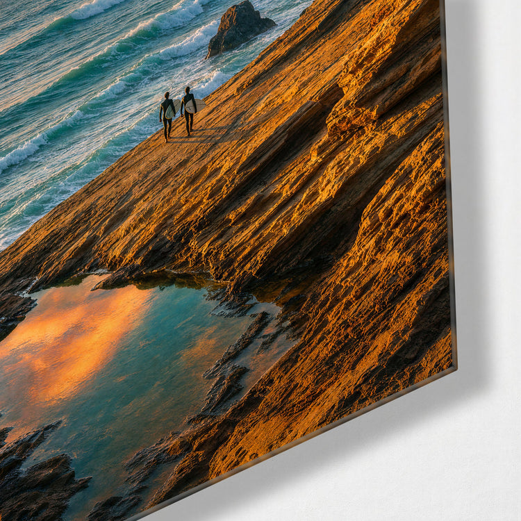 Beachcombers at Dusk glass wall art, corner view