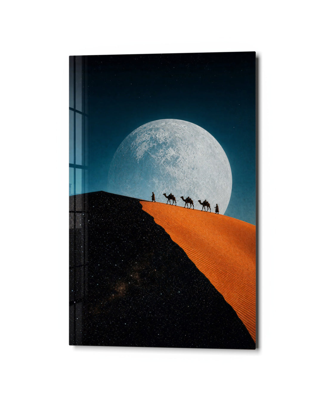 Moonlit Dune Crossing glass wall art, studio view