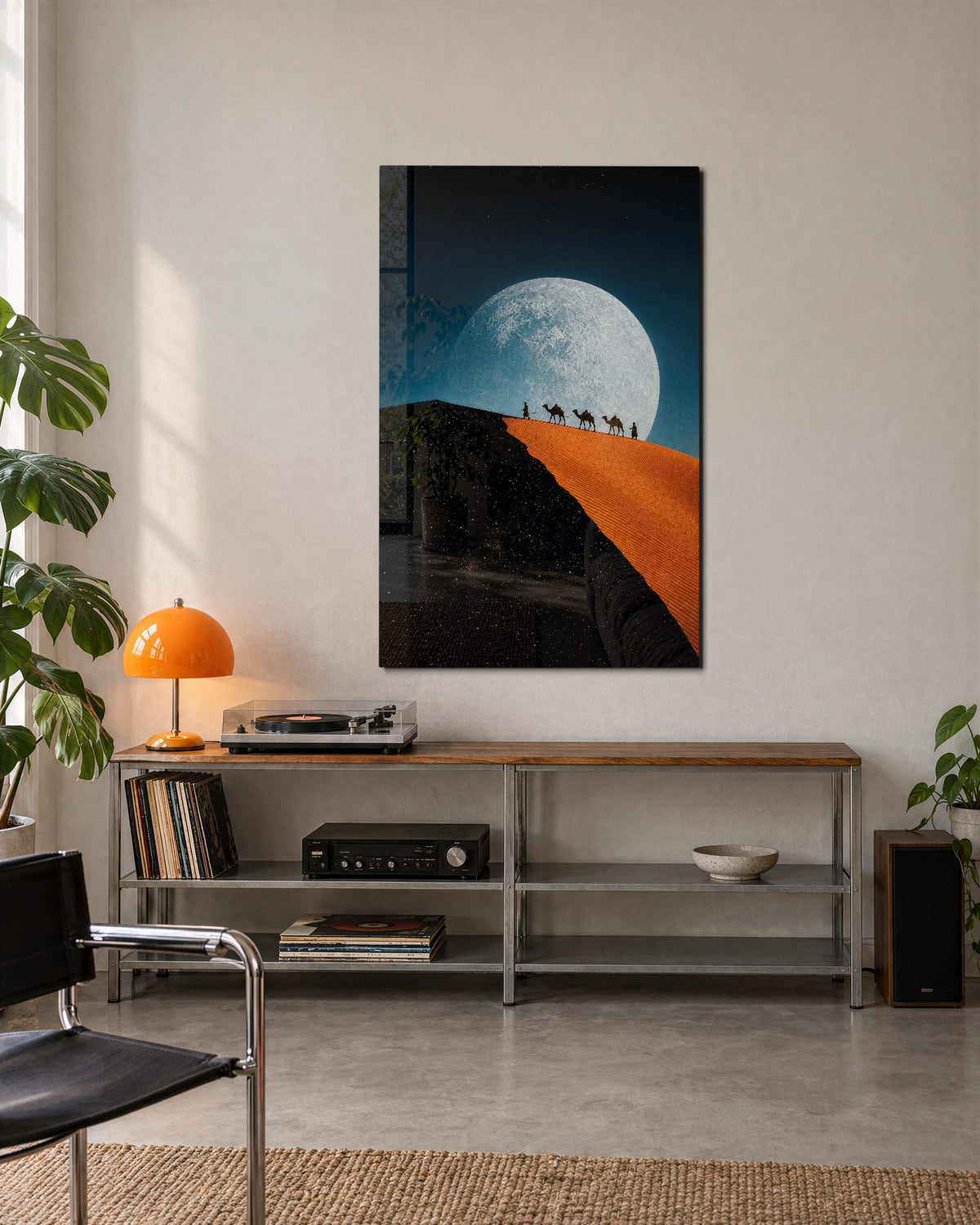 Moonlit Dune Crossing glass wall art, lifestyle view