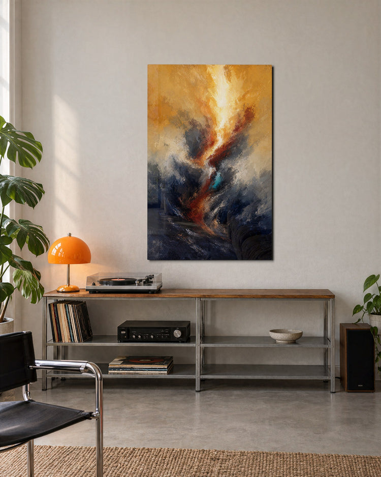 Yellow Spark glass wall art, lifestyle view