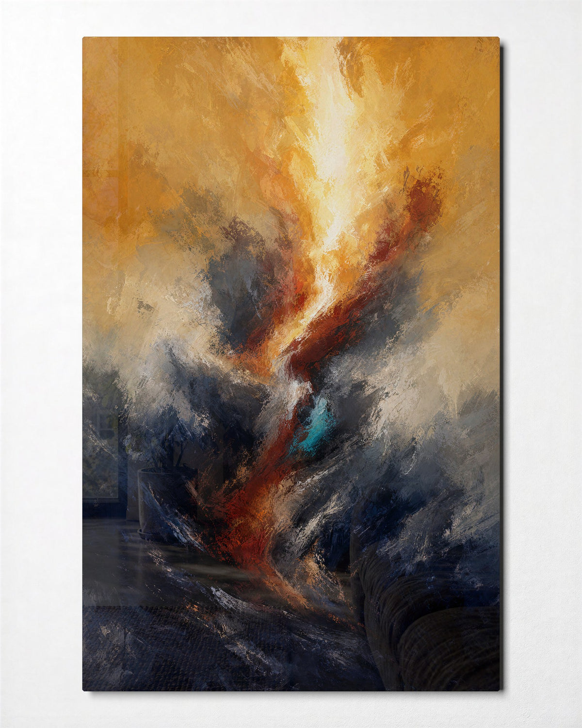 Yellow Spark glass wall art, front view