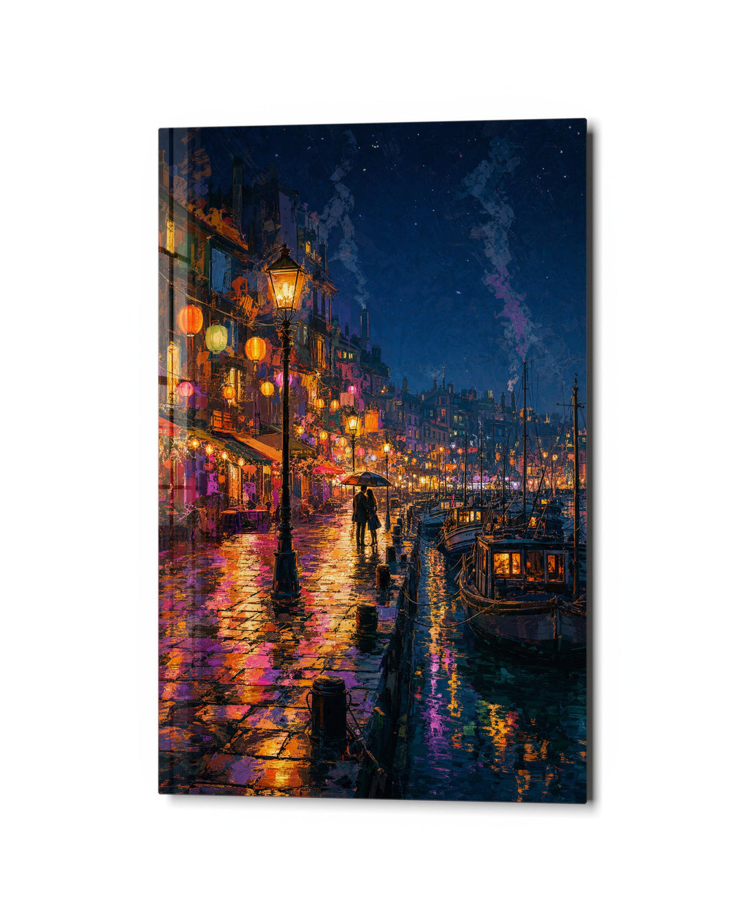 Lamplit Quay glass wall art, studio view