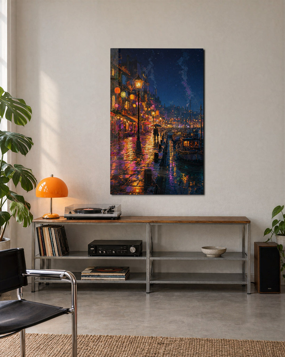 Lamplit Quay glass wall art, lifestyle view