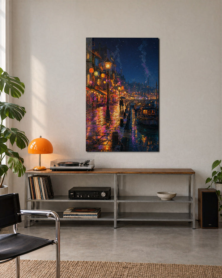 Lamplit Quay glass wall art, lifestyle view